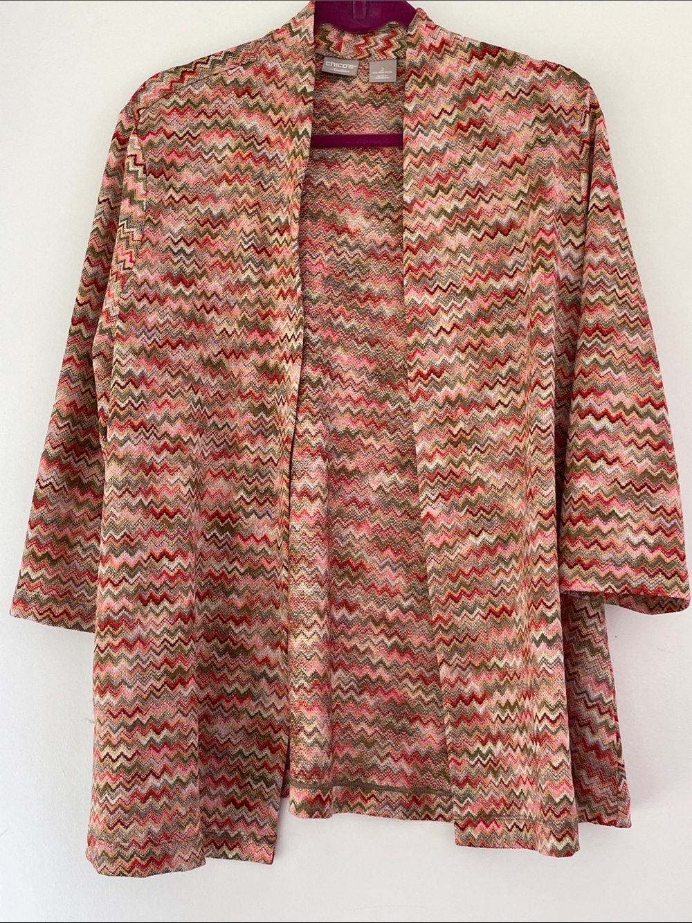 Chicos Travelers Wavy Chevron Open Front Cardigan in Coral & Olive 12/14
